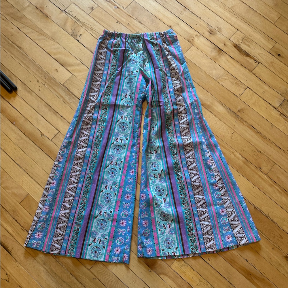 Boho 60s Wide Leg Printed Palazzo Pants - Teal & Purple low rise cotton